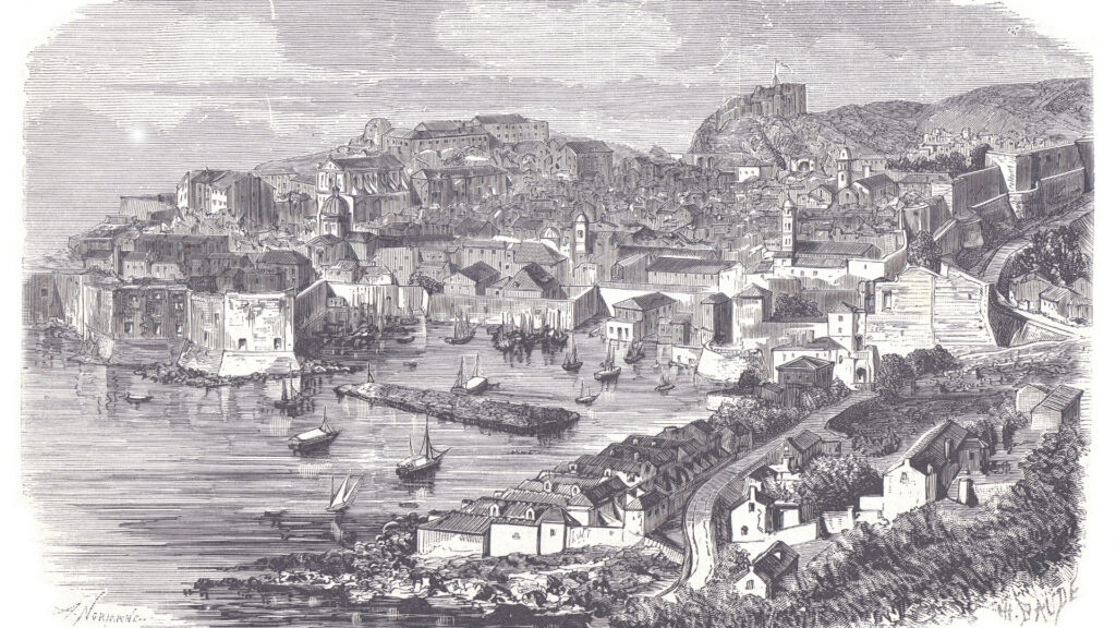 Gravure d'une paysage, d'un village